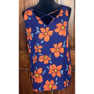 Fortune + Ivy Floral NWO Blouse, Dark Blue & Burnt Orange Red Flowers, Size XL